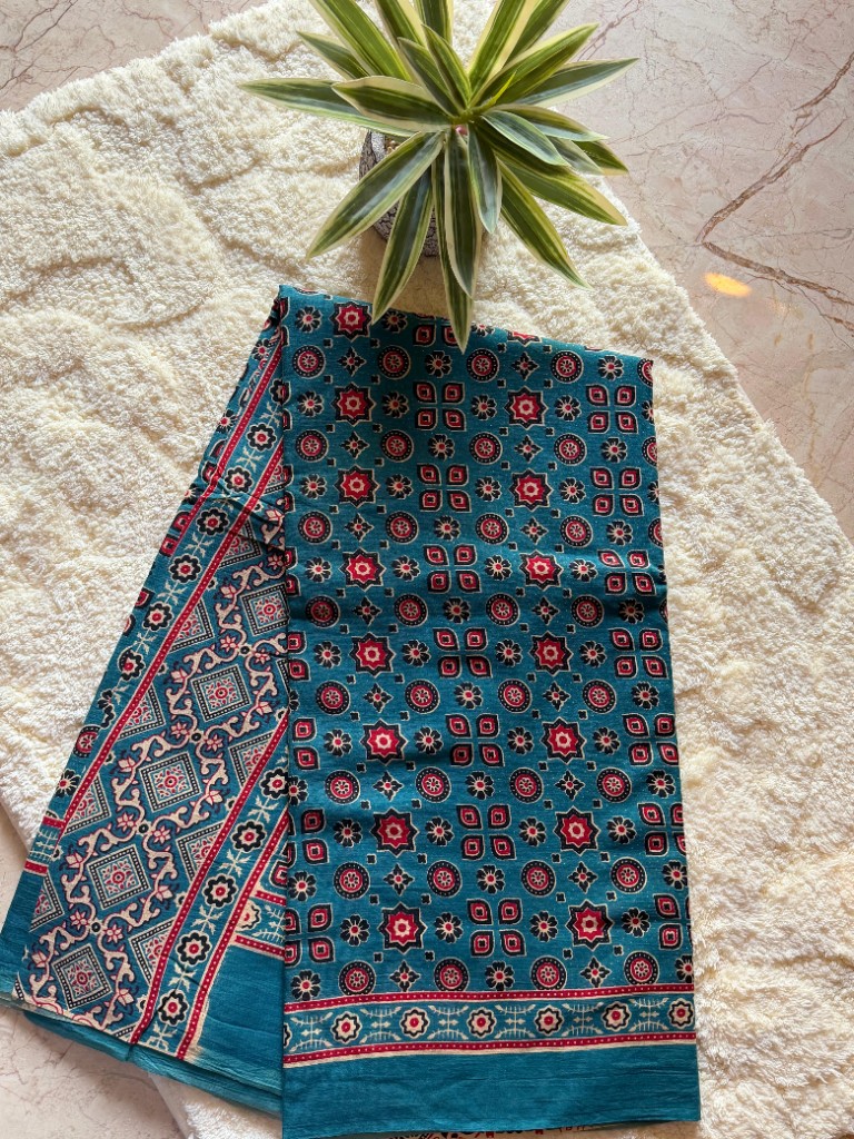 Ajrakh Teal Block Print Saree