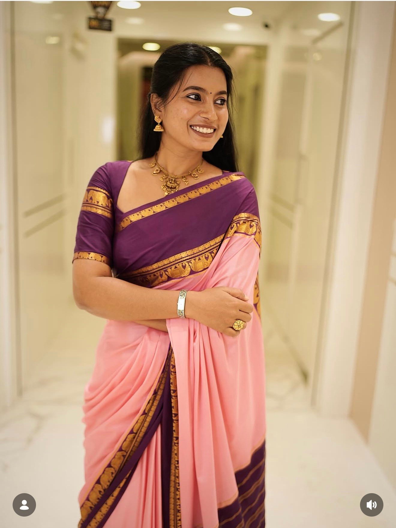Mysore Crepe Silk Saree — Pink Pista Elephant Border