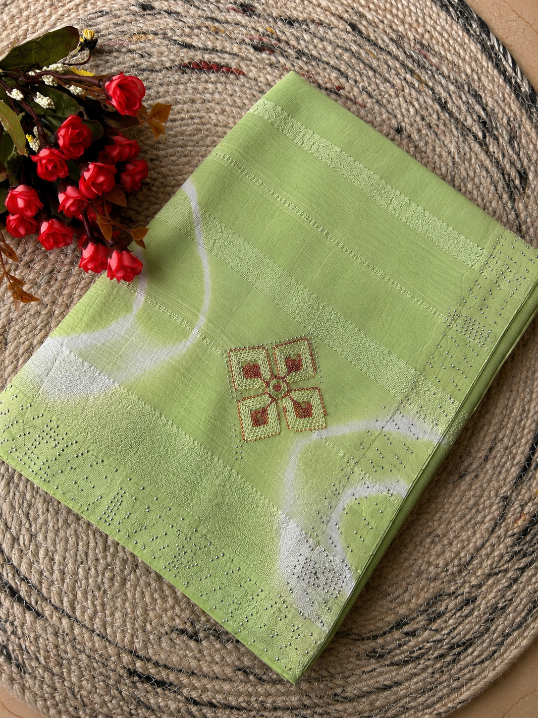 Pastel Green Chiffon Georgette Saree with Stone Work
